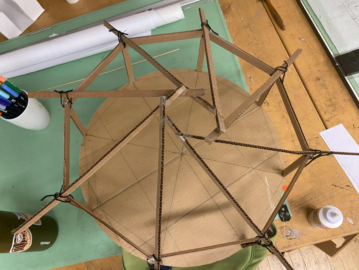 First iteration of reciprocal roof, the basic idea of how I wanted the roof to work.